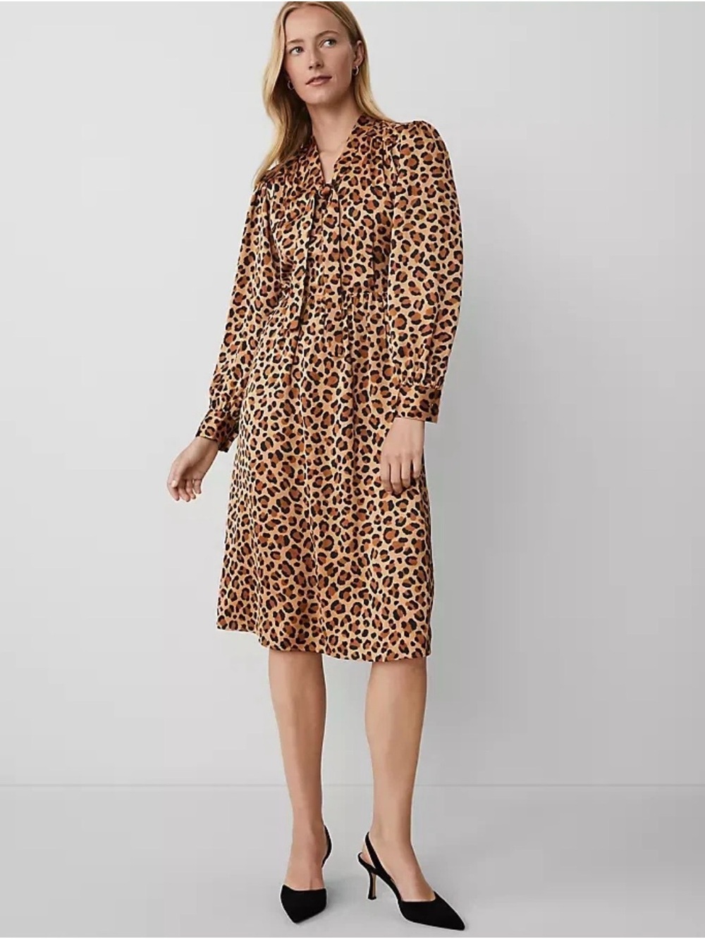 Ann Taylor Leopard-Print Tie-Neck Midi Dress - Tan & Black